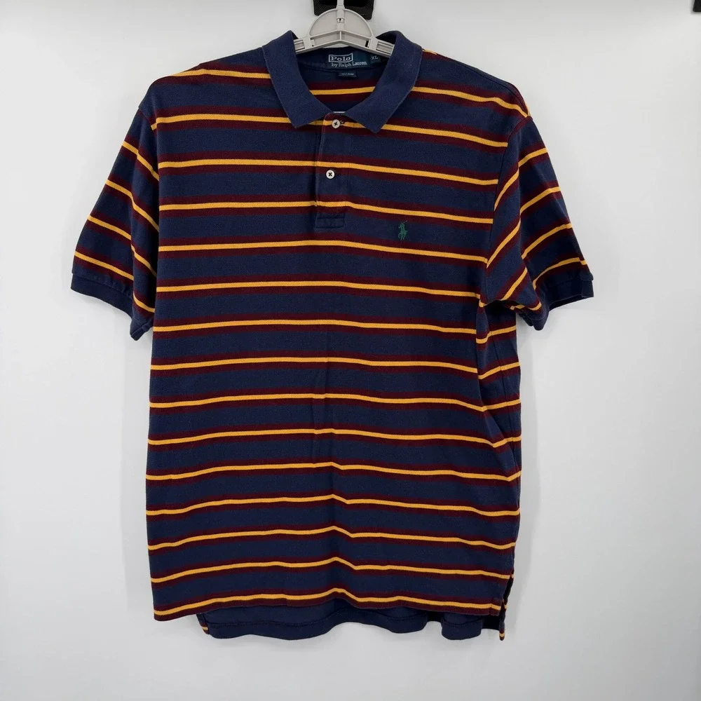 Vintage Polo Ralph Lauren Mens XL Polo Shirt Navy Blue Striped Cotton Pique 90s
